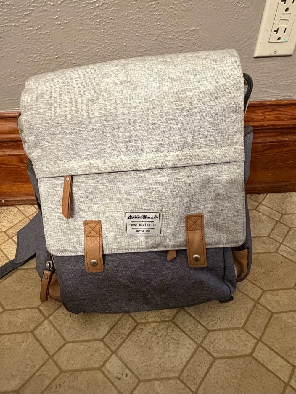Eddie Bauer Two-Tone Gray & Navy Canvas Backpack with Tan Accents